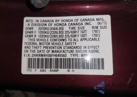 2015 Honda Cr-V Ex from USA, damaged, VIN 2HKRM4H56FH649560
